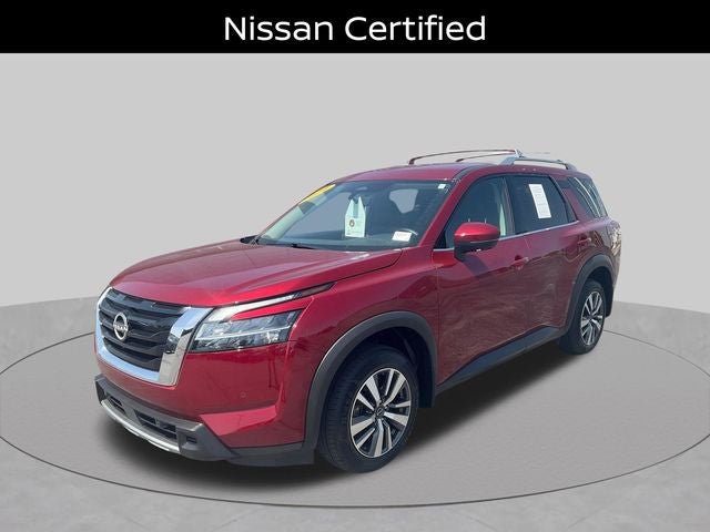 2024 Nissan Pathfinder SL in Scarlet Ember — front three-quarter view